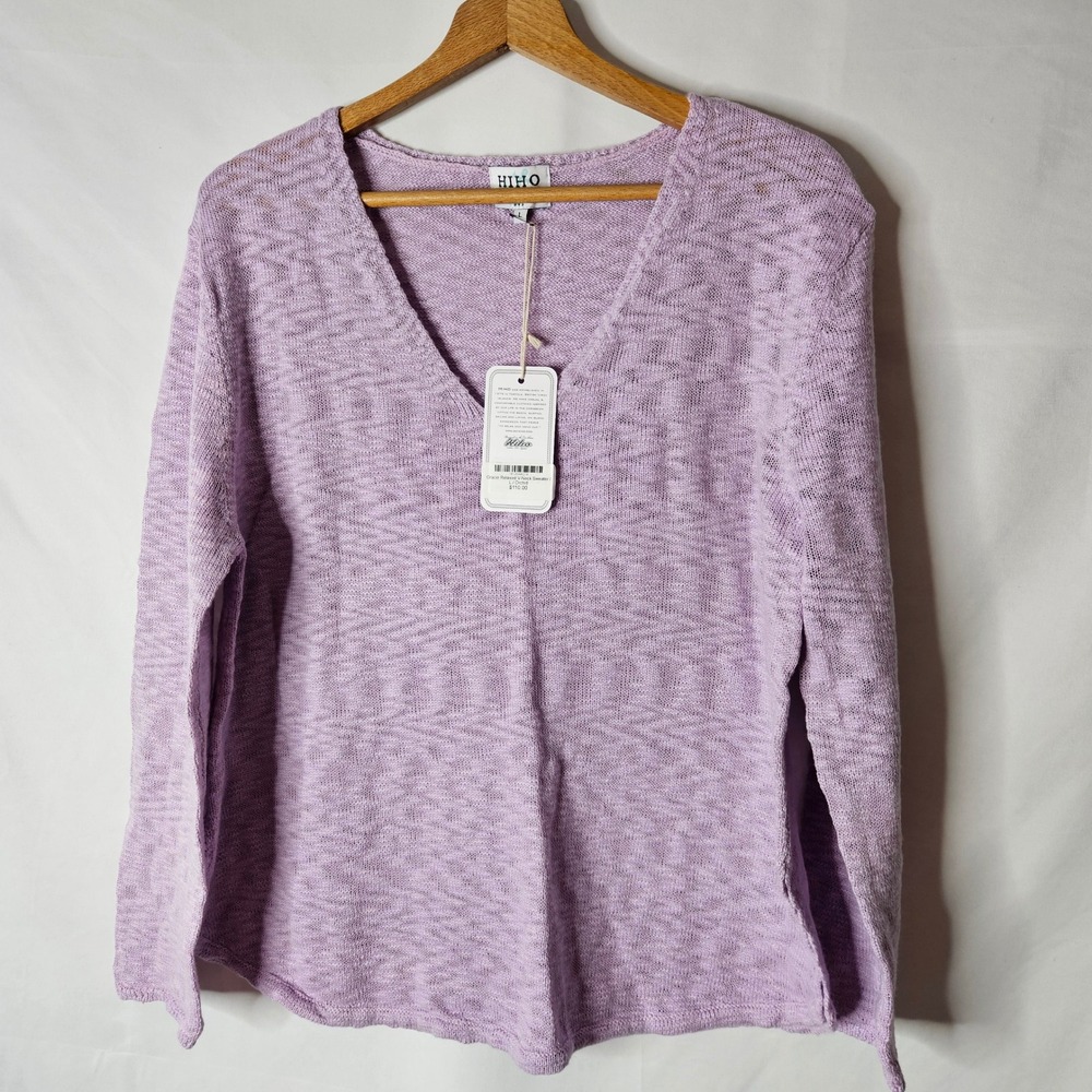 Hiho Gracie Relaxed V-neck Lavender Cotton Blend Sweater sz L NWT